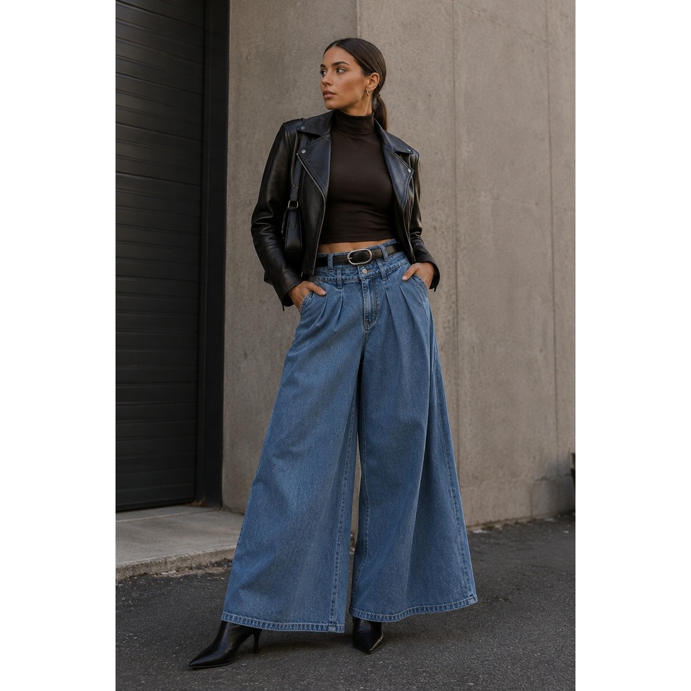CIDER High Rise Wide Leg Pleated Jeans Blue Double Waistband Size Small